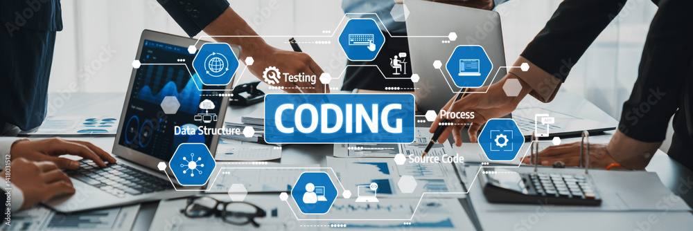 Poster This image captures a dynamic software development environment showcasing hands engaged in coding, testing, and collaborative processes using modern technology tools. Amity