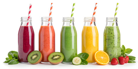 Colorful Assorted Fruit and Vegetable Smoothies in Glass Bottles with Fresh Ingredients – Isolated on White Background