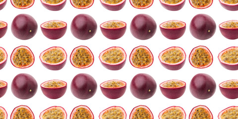 Passion fruit pattern showing whole and halved fruits, repeating on white background