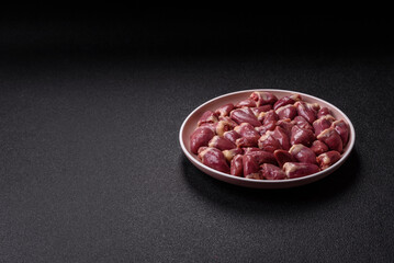 Chicken raw heart, red duck or turkey internal organs as an ingredient