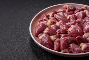 Chicken raw heart, red duck or turkey internal organs as an ingredient