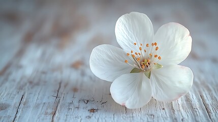 Fototapeta premium Delicate white flower rests on weathered wood.