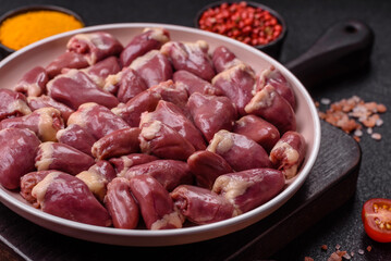 Chicken raw heart, red duck or turkey internal organs as an ingredient