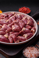 Chicken raw heart, red duck or turkey internal organs as an ingredient