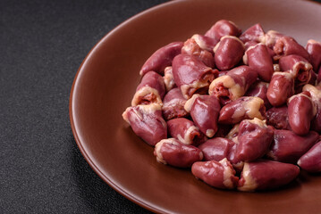 Chicken raw heart, red duck or turkey internal organs as an ingredient