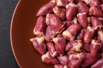 Chicken raw heart, red duck or turkey internal organs as an ingredient