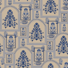 Vintage seamless pattern in Portugal style Indian pottery style . Azulejo. Majolica pottery tile, traditional Portuguese and Spain decor.Unique pattern traditional floral, wallpaper,textile prints