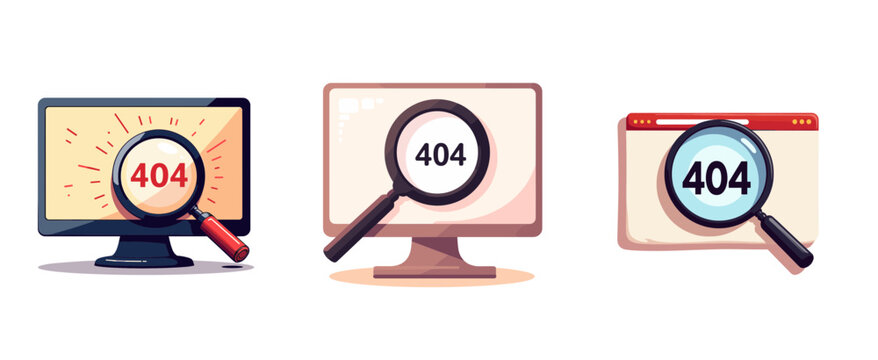 Isolated illustrations of magnifying glasses identifying 404 errors on screens, suitable for educational content and web design - Powered by Adobe