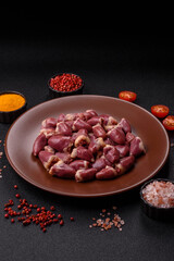 Chicken raw heart, red duck or turkey internal organs as an ingredient