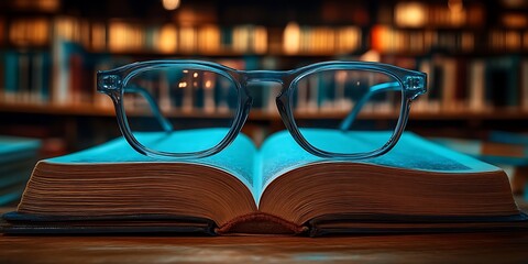 A Book Is Open With Glasses Resting On Top