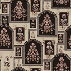 Vintage seamless pattern in Portugal style Indian pottery style . Azulejo. Majolica pottery tile, traditional Portuguese and Spain decor.Unique pattern traditional floral, wallpaper,textile prints