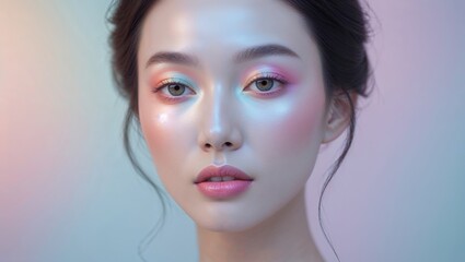 Fototapeta premium Asian woman with makeup showcasing beauty against a soft background 
