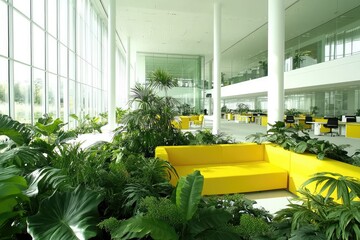 Modern office with plants and yellow seating