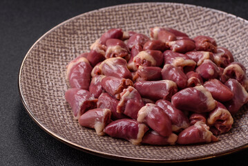 Chicken raw heart, red duck or turkey internal organs as an ingredient