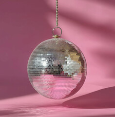 Obraz premium a silver and parpal hanging disco ball with beaded decoration on a pink background, ball, disco, mirror.