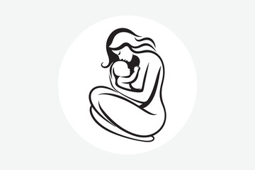 line art illustration of a loving mother gently holding and kissing her sleeping baby,
