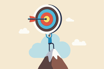 Business target, aiming high goal, objective or purpose, skill or aspiration to achieve target, precision or accuracy concept, success businessman holding big target with arrow hit bullseye center.