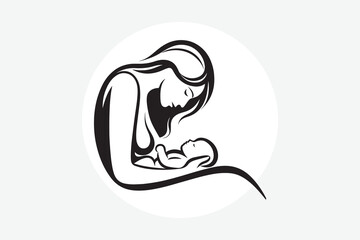 line art illustration of a loving mother gently holding and kissing her sleeping baby,