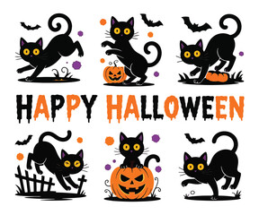 Obraz premium Set of halloween cats with pumpkins colorful vector illustration on white background