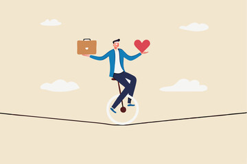 Work life balance, working lifestyle compromise with family or personal health, choice or balance between work stress and relaxation concept, businessman balance himself with heart and briefcase.