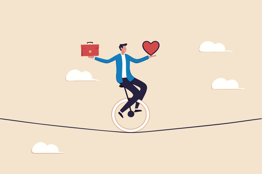 Work life balance, working lifestyle compromise with family or personal health, choice or balance between work stress and relaxation concept, businessman balance himself with heart and briefcase.