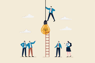 Initiative idea, leader or ambition to act to get solution and solve problem, courage to success or motivation and challenge concept, businessman initiate solution climb up lightbulb to get solution.