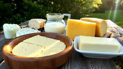Camera pans over rustic picnic table outdoors under natural sunlight, showcasing fresh dairy products like butter, cheese, and cream in inviting arrangement. Concept for wholesome rural cuisine
