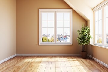 Empty room with large windows overlooking city