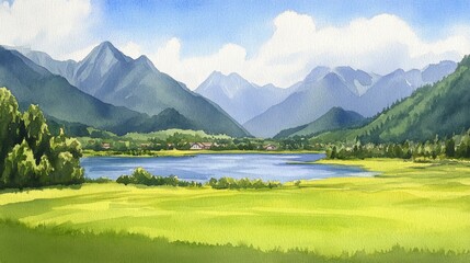 Watercolor Alpine lake cradled by green meadows and mountain peaks under a bright sky