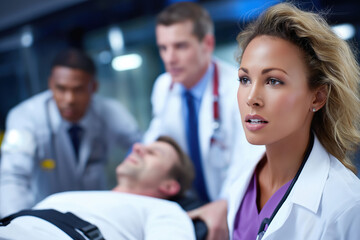 Fototapeta premium Emergency medical team responds to a critical patient in a hospital setting