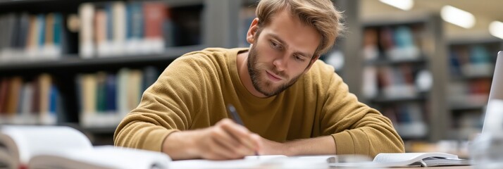 A focused young student sits at a desk in a library, deeply engaged in studying, capturing the essence of dedication, learning, and the pursuit of knowledge in serene surroundings.