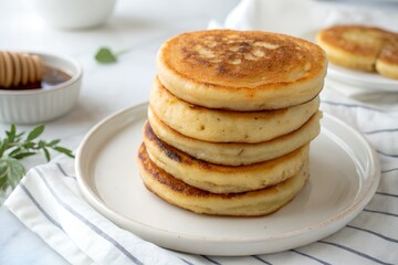Hotteok (Korean sweet pancake) stacked on a white plate, light composition