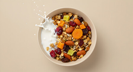Bowl With Granola And Milk Splashing In Minimalist Neutral Style