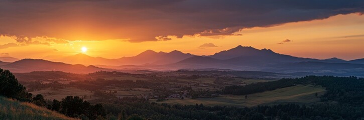 Mountain Sunset Over Valley Landscape