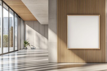 Modern, bright interior hallway with blank poster