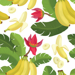 Seamless pattern of banana leaves and tropical banana flowers