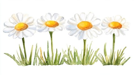 Watercolor daisies rise amidst grassy tufts gentle beauty