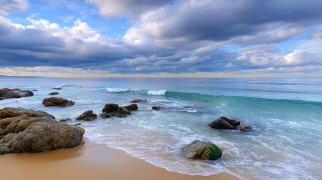 serene beach scene with gentle waves lapping against rocky formations under cloudy sky