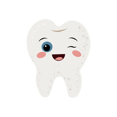 Cute tooth character cute funny stickers with faces. Oral hygiene, kids oral care and dental health concept. Flat vector illustration.
