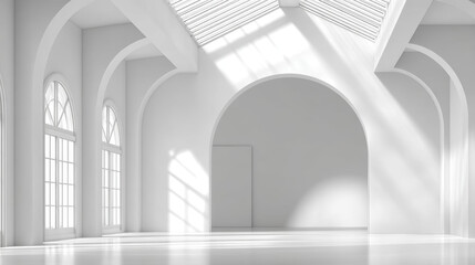 Obraz premium Bright and spacious interior with white walls and large windows, creating serene atmosphere