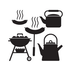 Vector illustration set of barbecue grill icons for kitchen, cooking food with grill silhouette symbols