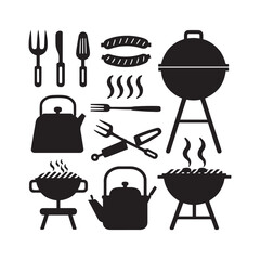 Vector illustration set of barbecue grill icons for kitchen, cooking food with grill silhouette symbols