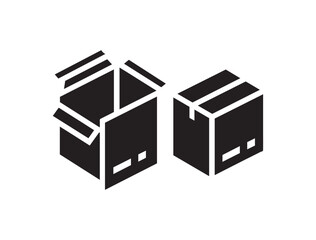 Black cardboard boxes, minimalist design, monochrome illustration, simple geometric shapes, packaging icons