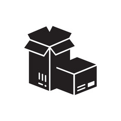 Black cardboard boxes, minimalist design, monochrome illustration, simple geometric shapes, packaging icons