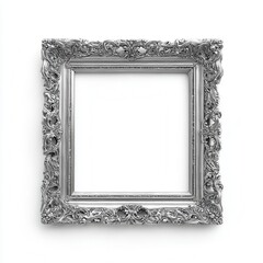 Ornate silver picture frame with white center isolated on white background