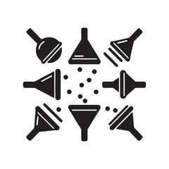 Obraz premium Black and white icons, laboratory equipment, funnels, beakers, flasks, trash can, measuring cup, scientific instruments, minimalist design