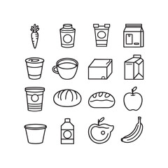 Food and drink vector icon set illustration features fruit, milk jar, coffee cup, jam, tea, breakfast cartoon, cheese, kitchen juice, bread, isolated vegetable cake, healthy beer glass