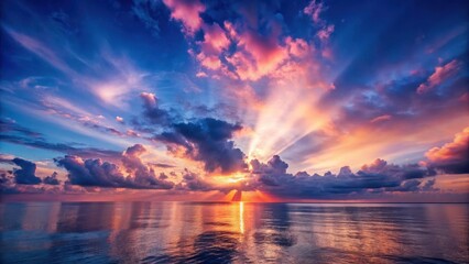 Soft pink hues illuminate a serene landscape as vibrant light breaks through dark navy blue clouds forming an ethereal sunrise amidst a peaceful morning scene , dawn, sunrise