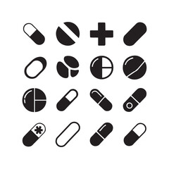 Set of Medical Icons with Pills, Capsules, and Healthcare Symbols