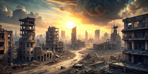 Destruction of cityscape after nuclear blast, devastation, ruins,  devastation, ruins, destruction